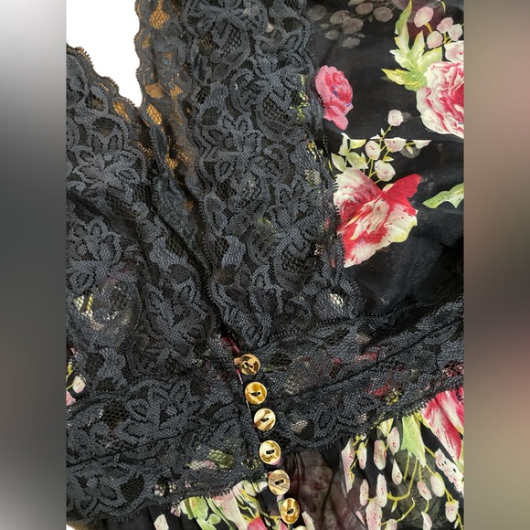 Vintage 90’s style sheer blouses floral & lace scarf retro fun navy green S Y2K - Picture 4 of 9